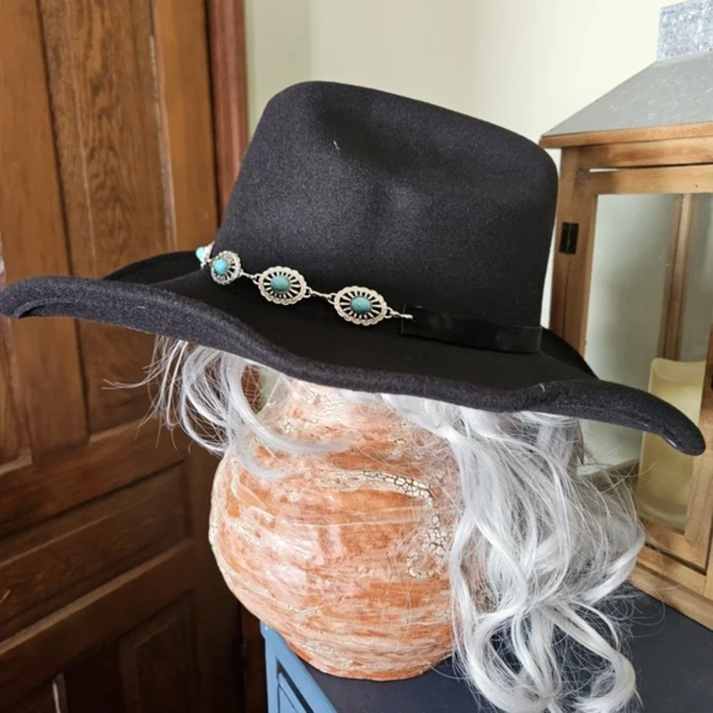 Frye Womens Faux Wool Felt Black Turquoise  Cattlemans Cowgirl Cowboy Hat‎ NWT